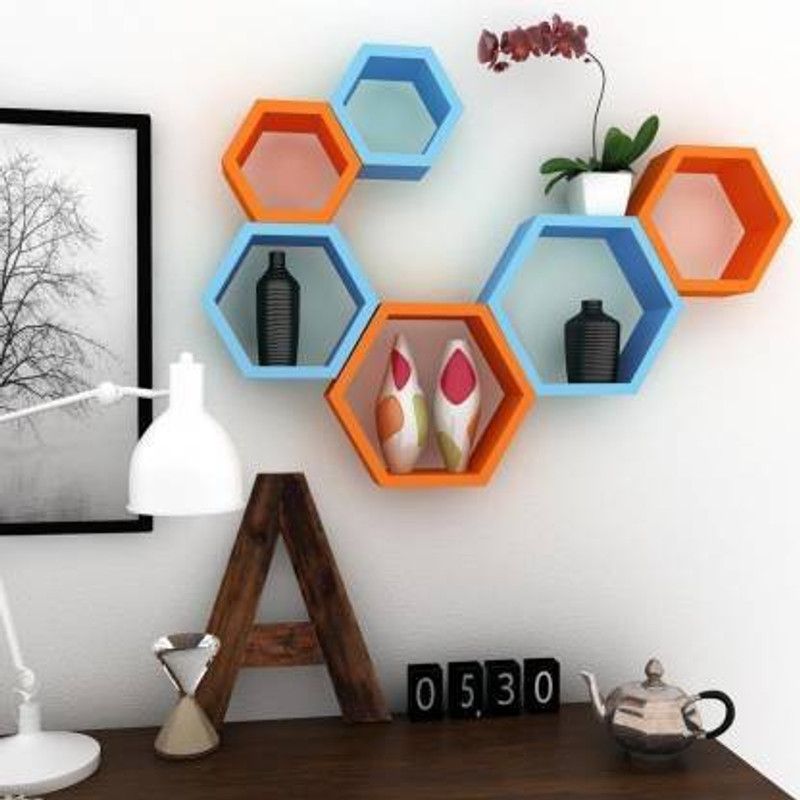 ANB Enterprises Wall shelf Hexagon shelves MDF Wall hanging mounted floating wall decorative item living room bedroom MDF (Medium Density Fiber) Wall Shelf  (Number of Shelves - 6, Blue, Orange)