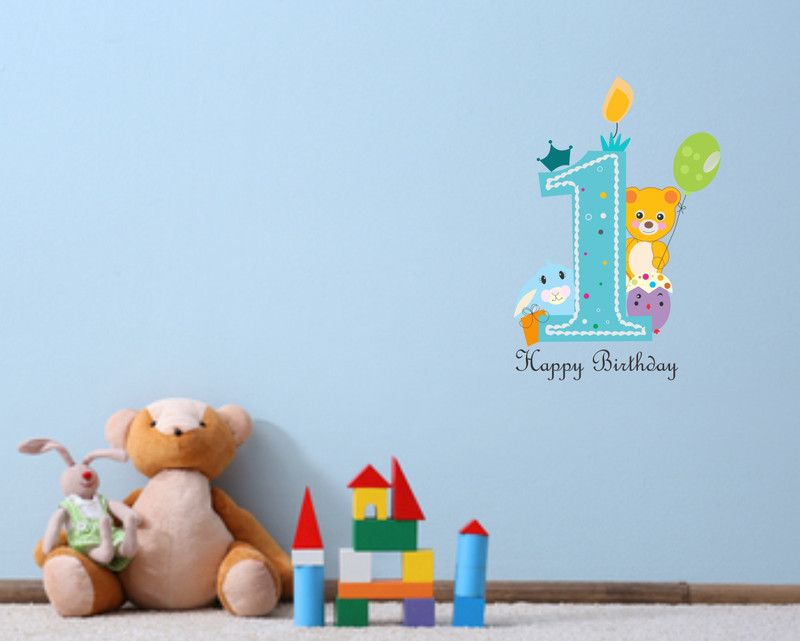 SUDARSHAN STICKER 76 cm first HAPPY BIRTDAY teddy Wall Sticker |PVC vinyl, DIY Removable Peel and Stick Decal 'Covers H 76 cm x W 51 cm' Self Adhesive Sticker  (Pack of 1)