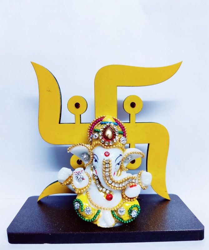 GRACIE COLLECTION LORD GANESHA DECORATED BY STONE WITH WOODEN BASE & SWASTIK Decorative Showpiece - 11 cm  (Polyresin, Yellow)