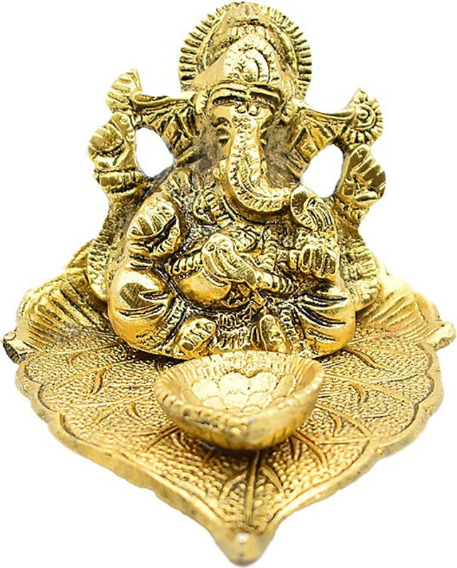 Dalvkot Ganesh Sitting in Leaf With Diya Idol, for Diwali Puja Aluminium Table Diya  (Height: 3 inch)