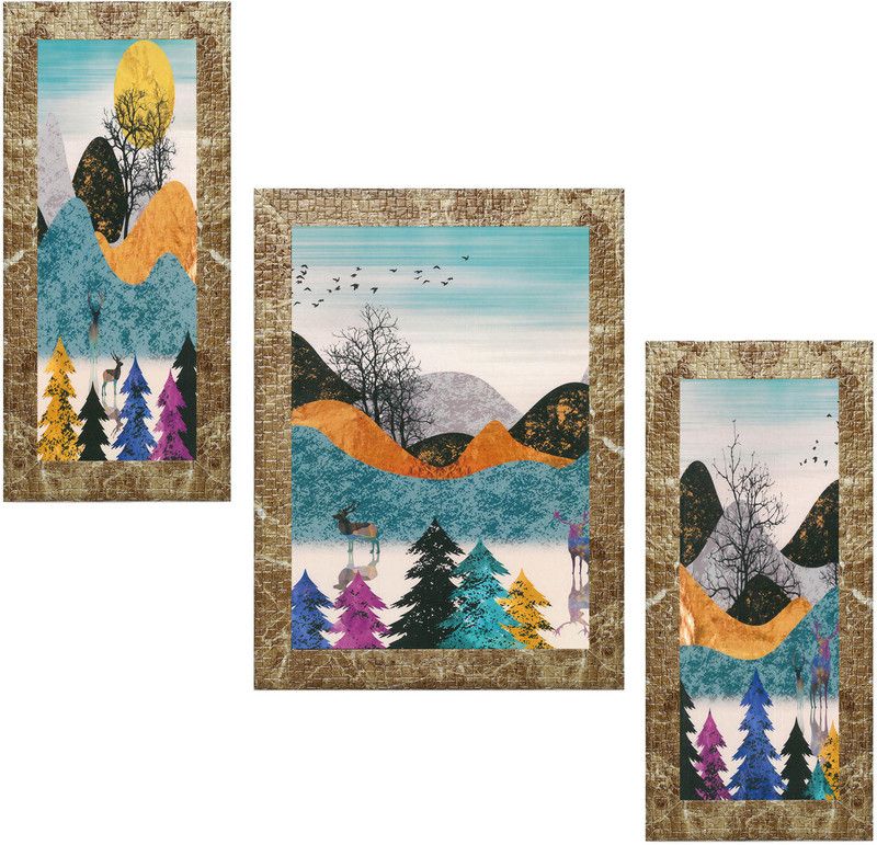Indianara Set of 3 Sun Rise Framed Art Painting (0046MBR) without glass Digital Reprint 13 inch x 10.2 inch Painting  (With Frame, Pack of 3)
