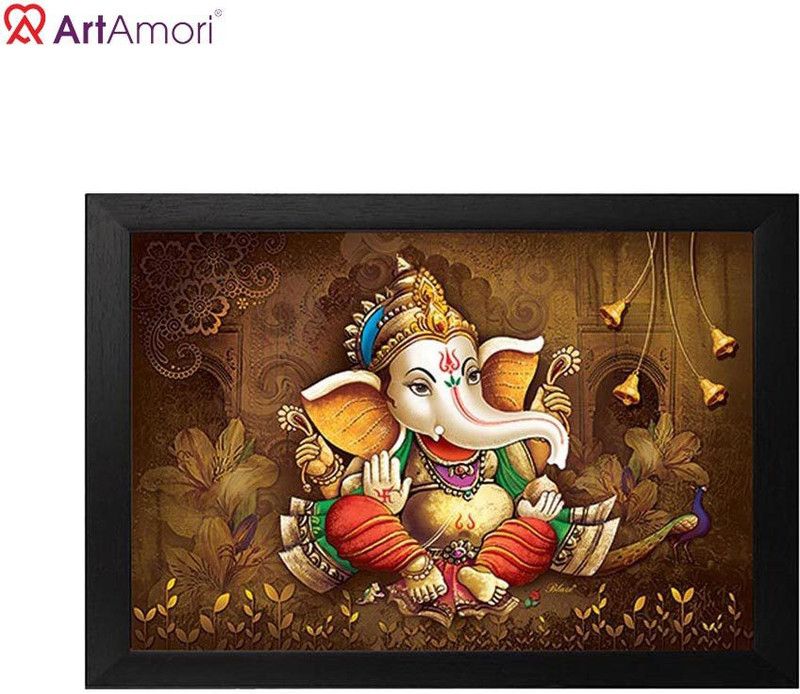 Art Amori Ganpati with Gold Foil Frame Reprint 12 x 18 inch Painting Digital Reprint 18 inch x 12 inch Painting  (With Frame)