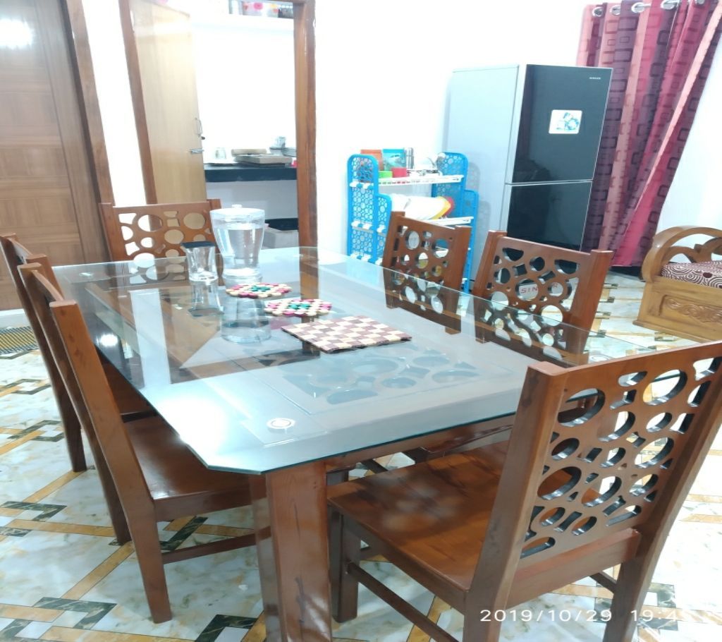 Meheguni wood Malaysian MDF 10mm glass 6 Chair Dinning set