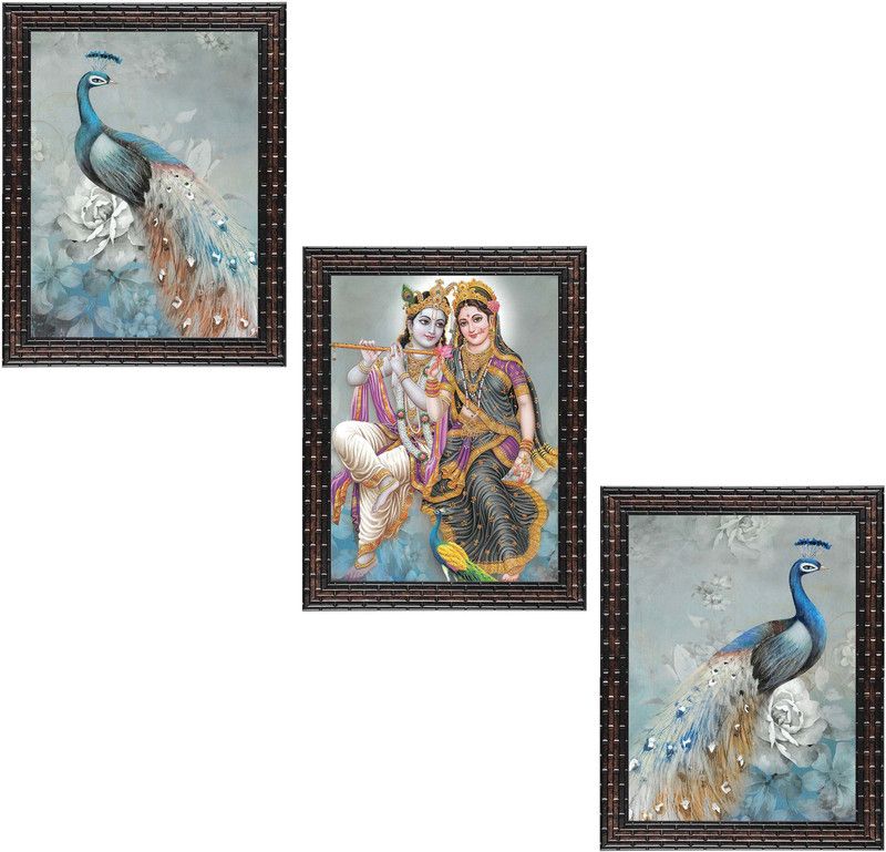 Indianara Set of 3 Radha Krishna with Peacocks Art Art Painting (4203GB) without glass Digital Reprint 13 inch x 10.2 inch Painting  (With Frame, Pack of 3)