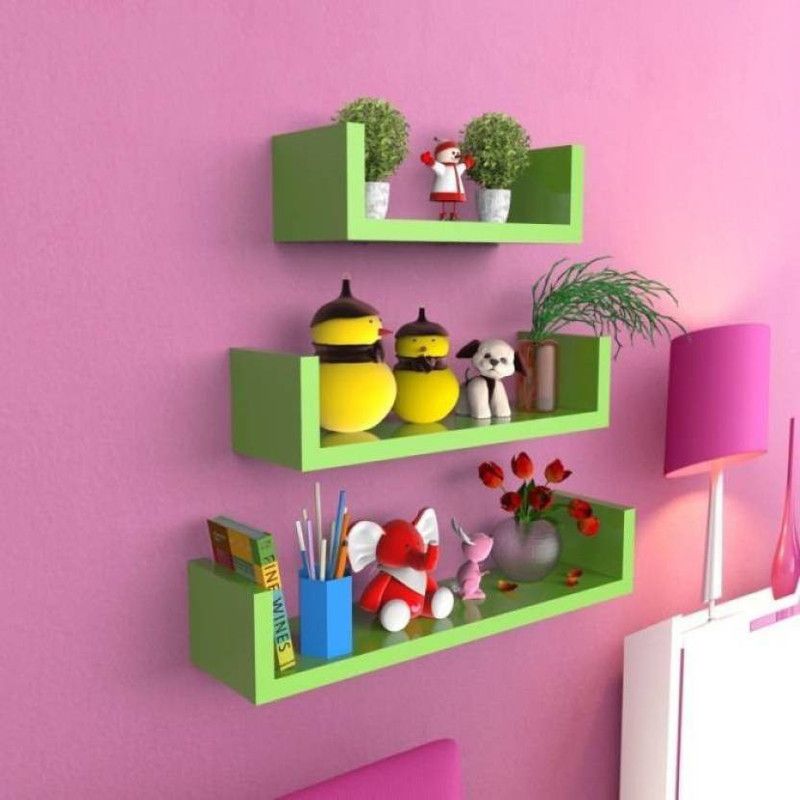 OnlineCraft woden wall shelf U rack Green Wooden Wall Shelf  (Number of Shelves - 3, Green)