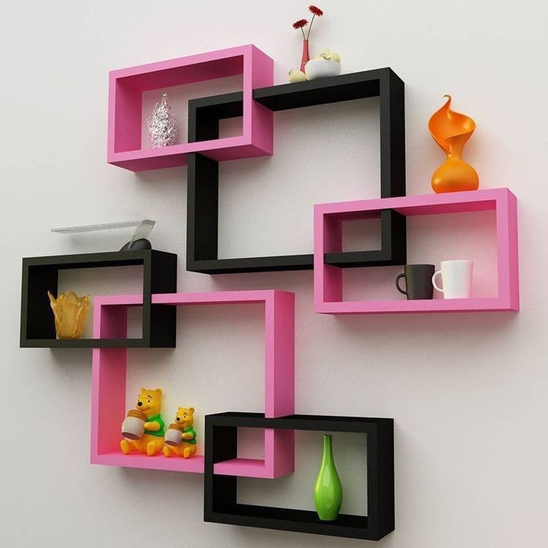 ONLINECRAFTS wooden shelf attach (pink ,black) double Wooden Wall Shelf  (Number of Shelves - 6, Pink, Black)