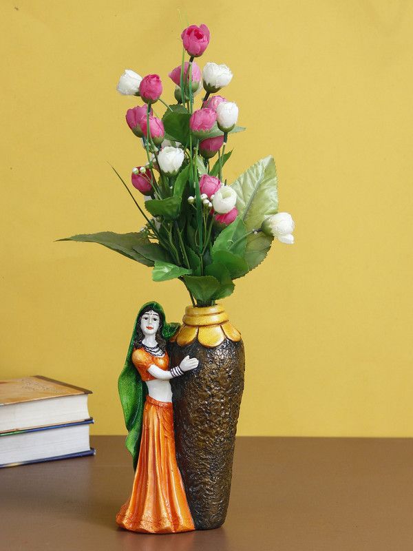 eCraftIndia Rajasthani Lady with Flower Pot Decorative Handcrafted Polyresin Showpiece Decorative Showpiece - 23 cm  (Polyresin, Orange)