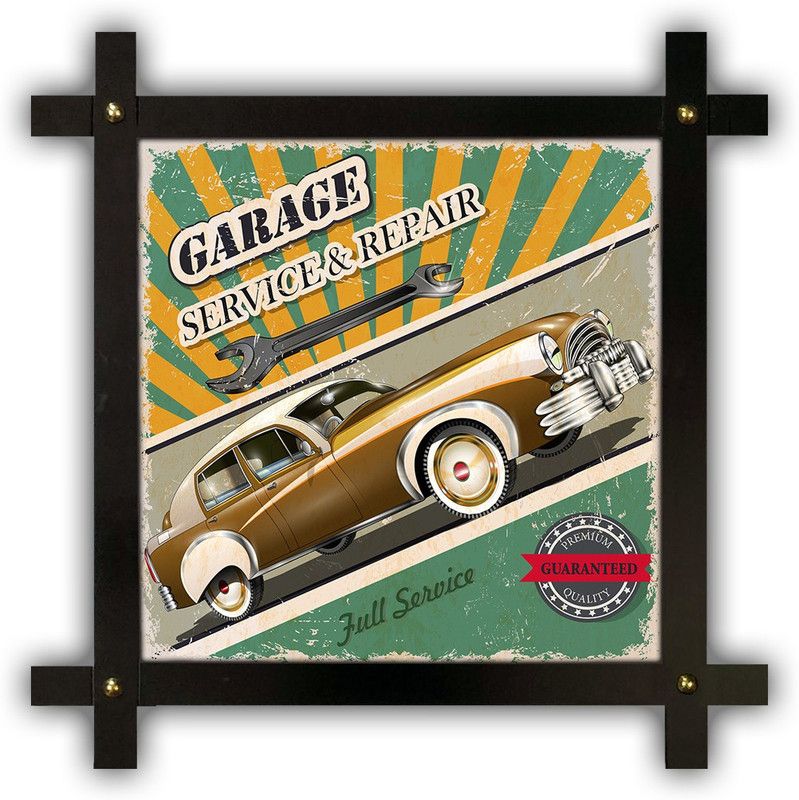 Poster N Frames Cross Wooden Frame Hand-Crafted with photo of Vintage garage retro poster p-16 Digital Reprint 16.5 inch x 16.5 inch Painting  (With Frame)