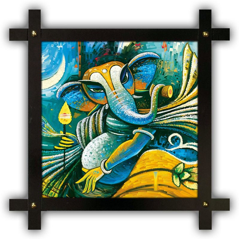 Poster N Frames Cross Wooden Frame Hand-Crafted with photo of Ganeshji (ganpati) 14503-crossframe Digital Reprint 16.5 inch x 16.5 inch Painting  (With Frame)