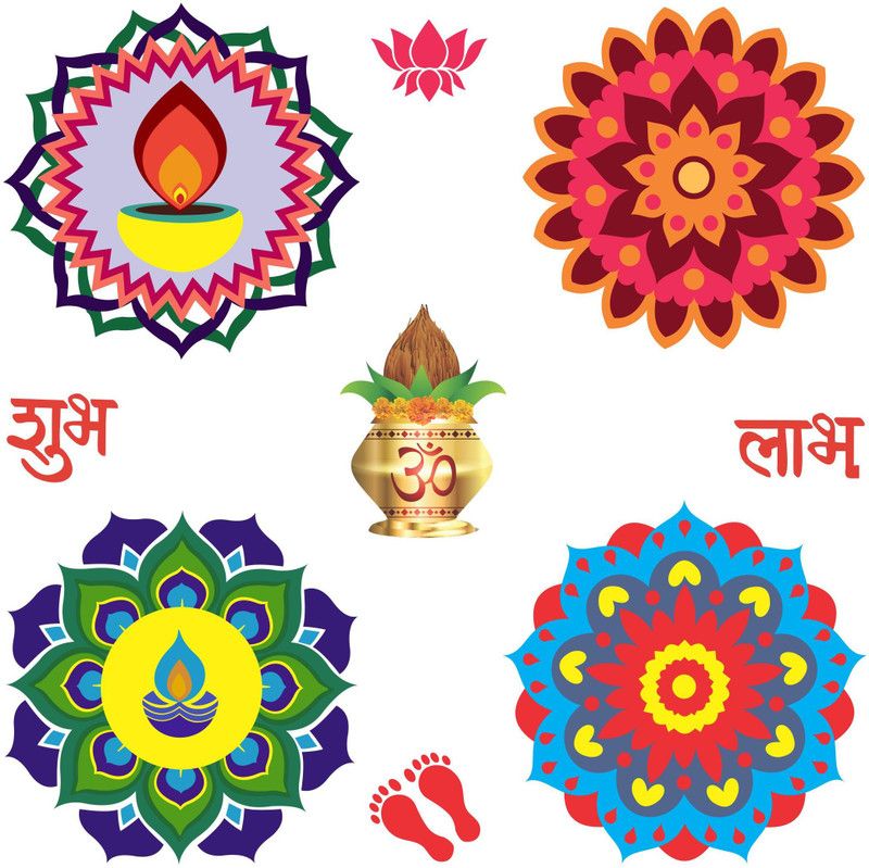 Decoration Designs 30 cm Floral Rangoli Combo Sticker for Diwali with ative KalGDh and Shubh Labh _GD571 Self Adhesive Sticker  (Pack of 9)