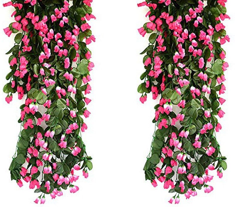 VIMIFORYOU Artificial Hanging Flower, Rose Flower Vine For Indoor And Outdoor Decoration White Rose Artificial Flower (35 inch, Pack of 2, Pink) Pink Rose Artificial Flower  (35 inch, Pack of 80, Garlands)