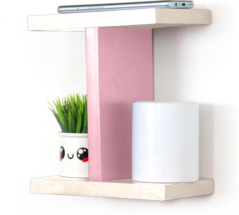 Kawai Homes Wooden Bed side I-shelf for mobile charger and books for Wall (Pink & Cream) Wooden Wall Shelf  (Number of Shelves - 3, Pink, White)