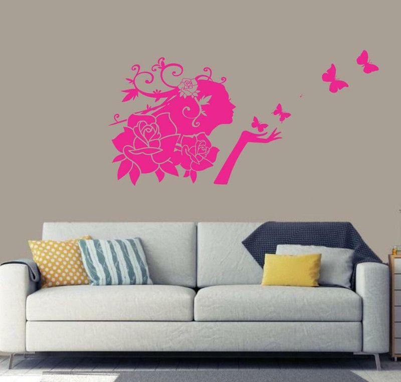GLOBALGRAPHICS 70 cm decorative pink flower girl with butterflies wall sticker (pvc vinyl) Reusable Sticker  (Pack of 1)
