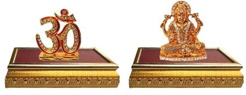 9facts Set of 2 with wooden base Lord Shiva Symbol OM Sign Idol & Goddess lakshmi / Laxmi & Idol God Statue Gift Item Decorative Showpiece  Decorative Showpiece - 7 cm  (Brass, Multicolor)