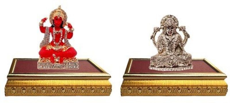 BEI Set of 2 with wooden base Lord Hanuman Mandir Home Decor God Statue & Goddess lakshmi / Laxmi & Idol God Statue Gift Item Decorative Showpiece  Decorative Showpiece - 7 cm  (Brass, Multicolor)