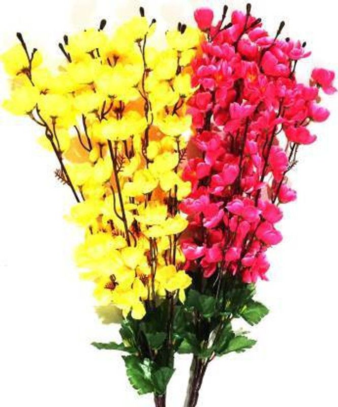 Vyne Beautiful Yellow Dark Pink Orchids Yellow, Pink Orchids Artificial Flower  (21 inch, Pack of 2, Flower Bunch)
