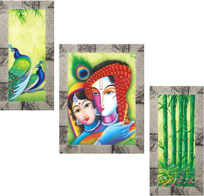Indianara Set of 3 Radha Krishna Framed Art Painting (4136MW) without glass Digital Reprint 13 inch x 10.2 inch Painting  (With Frame, Pack of 3)