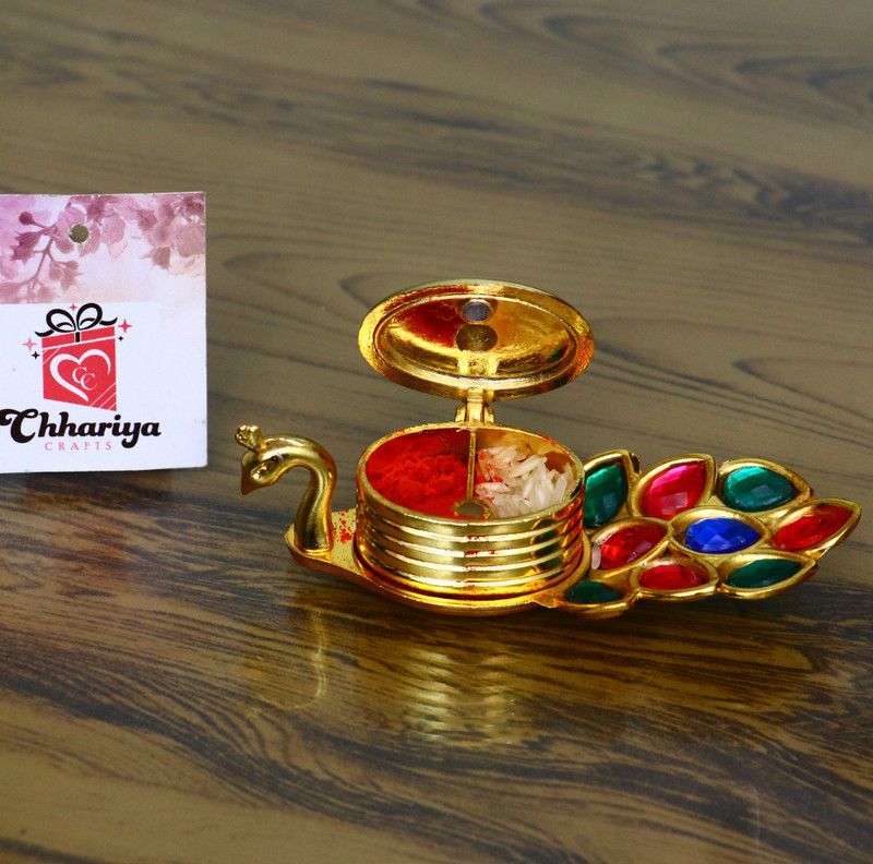 Chhariya Crafts Metal Peacock With Chandan Roli Pair Kumkum Box for Gift and Pooja Purpose Decorative Showpiece - 3 cm  (Metal, Gold)