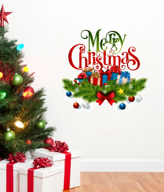 sp decals 60 cm Decorative merry christmas with gifts multicolor pvc vinyl wall sticker Self Adhesive Sticker  (Pack of 1)