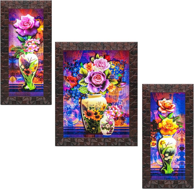 Indianara Set of 3 Multi Colored Roses in the Vases Framed Art Painting (3014GBNN) without glass (6 X 13, 10.2 X 13, 6 X 13 INCH) Digital Reprint 13 inch x 10.2 inch Painting  (With Frame, Pack of 3)