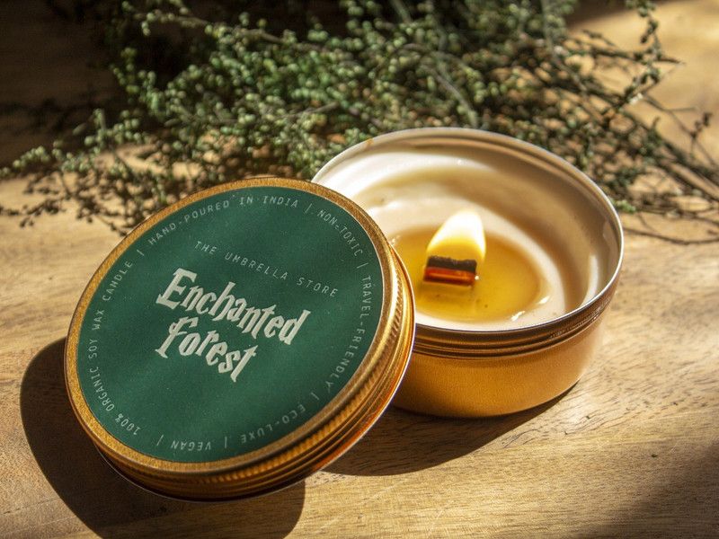The Umbrella Store Luxury Gold Tin Scented Candle, Organic Soy Wax Scented Candle with Wooden Wick- Enchanted Forest Candle  (Green, Pack of 1)