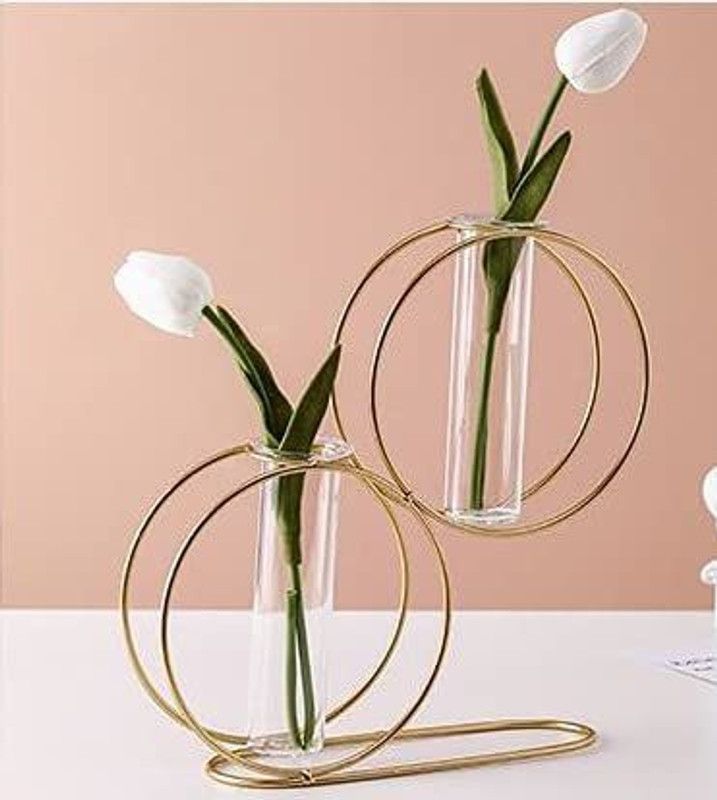 Ruhi Collections Aesthetic Glass Test Tube Flower Vase with Gold Round Metal Stand Glass Vase  (8 inch, Gold)