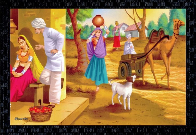 Janki Online Modern Art Canvas Rajasthani Village Large Glass Wall Paintings with Frame for home decoration item for bedroom for sale Canvas 14 inch x 20 inch Painting  (With Frame)