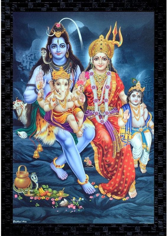 Janki God Shiv Parvati Ganesh Wall Painting Wall Hanging with frame for sale Canvas 20 inch x 14 inch Painting  (With Frame)
