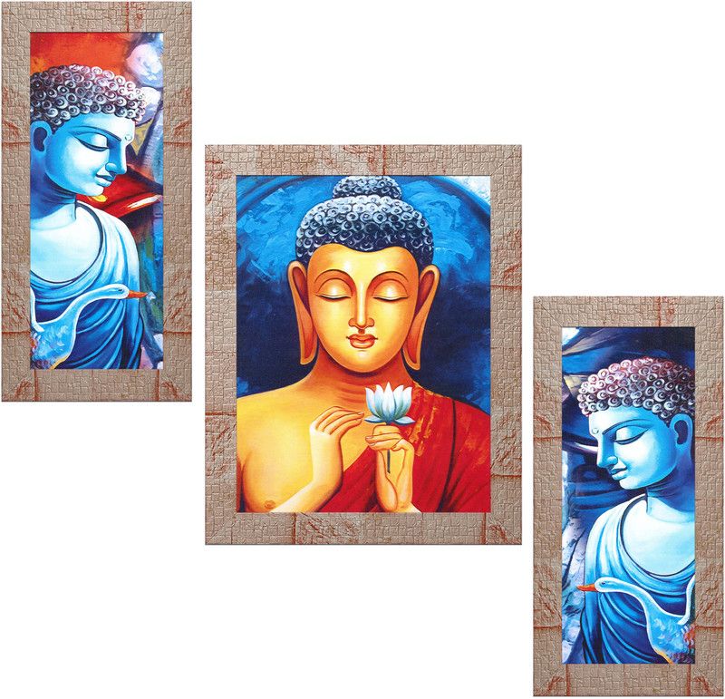 Indianara Set of 3 Gowthama Buddha Framed Art Painting (4095MR) without glass Digital Reprint 13 inch x 10.2 inch Painting  (With Frame, Pack of 3)