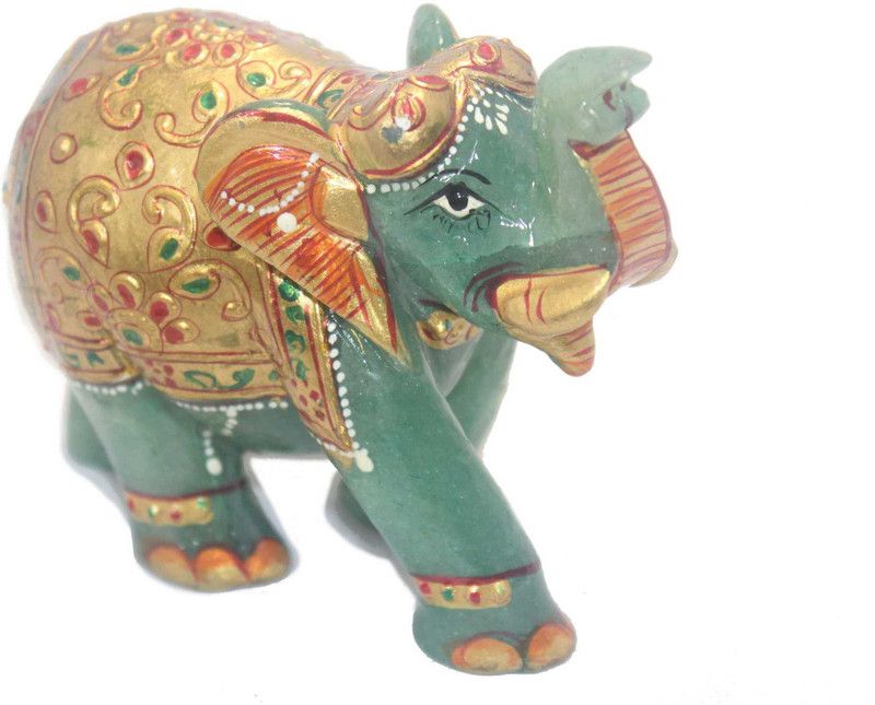 PH Artistic Elephant Figurine Natural Green Jade Gem Stone Gold Hand Painted Handmade B403 Decorative Showpiece - 8.3 cm  (Stone, Green)
