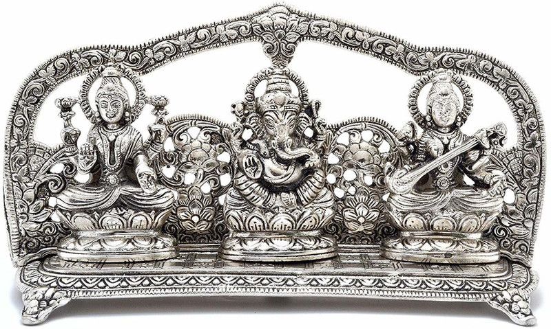 Delhi Gift House Laxmi Ganesh And Sarswati Statue in Metal For Diwali Gift & Home Decor Decorative Showpiece - 14 cm  (Brass, Steel, Silver)