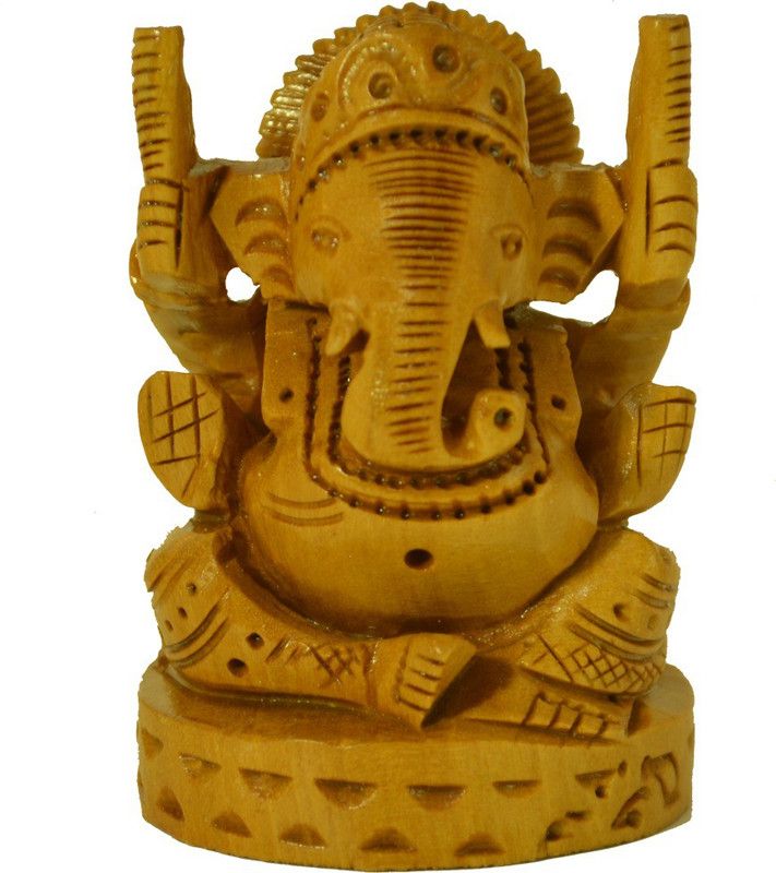 Santarms Handmade Wooden Ganesha Round Decorative Showpiece - 7 cm  (Wood, Gold)