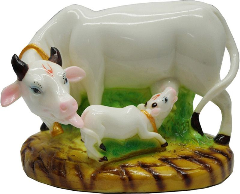 JRG Cow and Calf Kaamdhenu Idol Decorative Showpiece - 13 cm  (Marble, Multicolor)