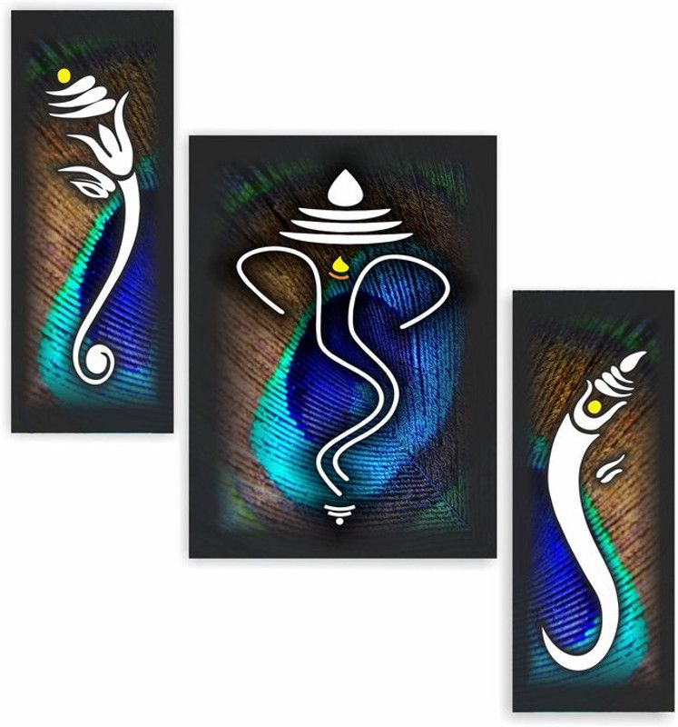 saf Set of 3 Ganesha UV Textured Home Decorative Gift item Self adeshive Digital Reprint 18 inch x 24 inch Painting  (Without Frame, Pack of 3)
