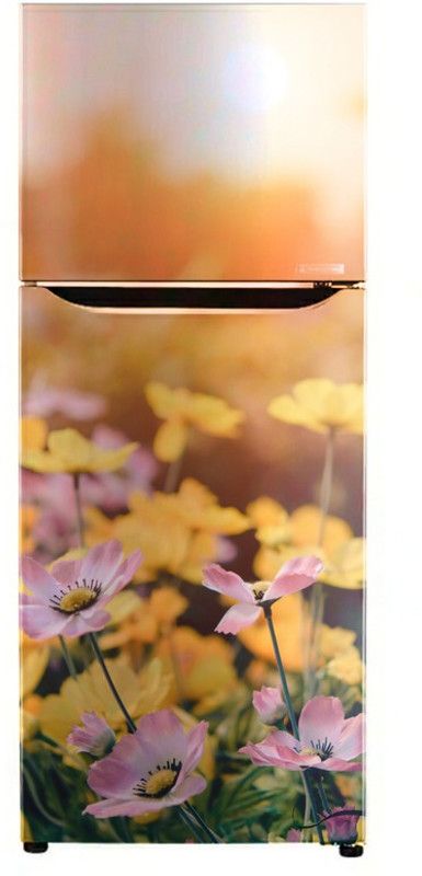 Advance Home Décor 60 cm 3D pink flower yellow flower sunset Fridge wallpaper poster Adhesive Vinyl Sticker Fridge wrap Decorative sticker (pvc vinyl covering area 60cm X 160cm ) Self Adhesive Sticker  (Pack of 1)