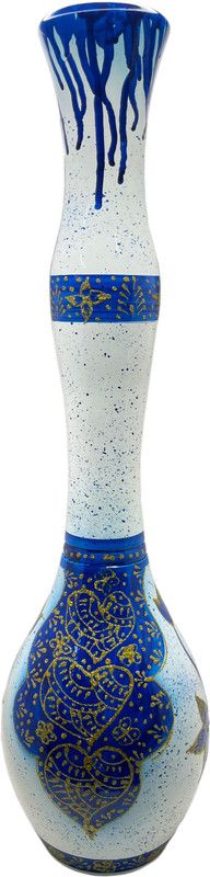 Flower Wooden Vase  (24 inch, White, Blue)