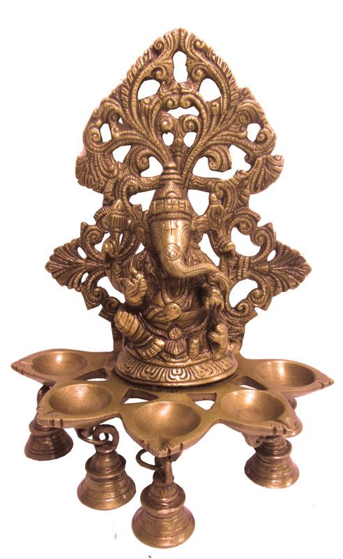 Aesthetic Decors Ganesh Oil Lamp With 5 Deeva & Bell Brass Hanging Diya  (Height: 11 inch)