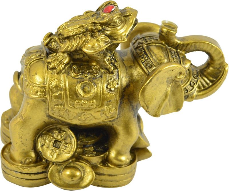 REIKI CRYSTAL PRODUCTS Feng Shui Elephant With Frog For Wealth, Strength, Wsdom And Success Decorative Showpiece - 9 cm  (Ceramic, Gold)