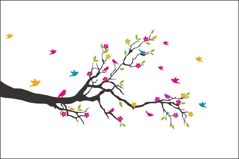 DivineDesigns 41 cm Colorful Leaves & Birds on a Branch Sticker ( Size :- 33 X 16 inch ) Self Adhesive Sticker  (Pack of 1)