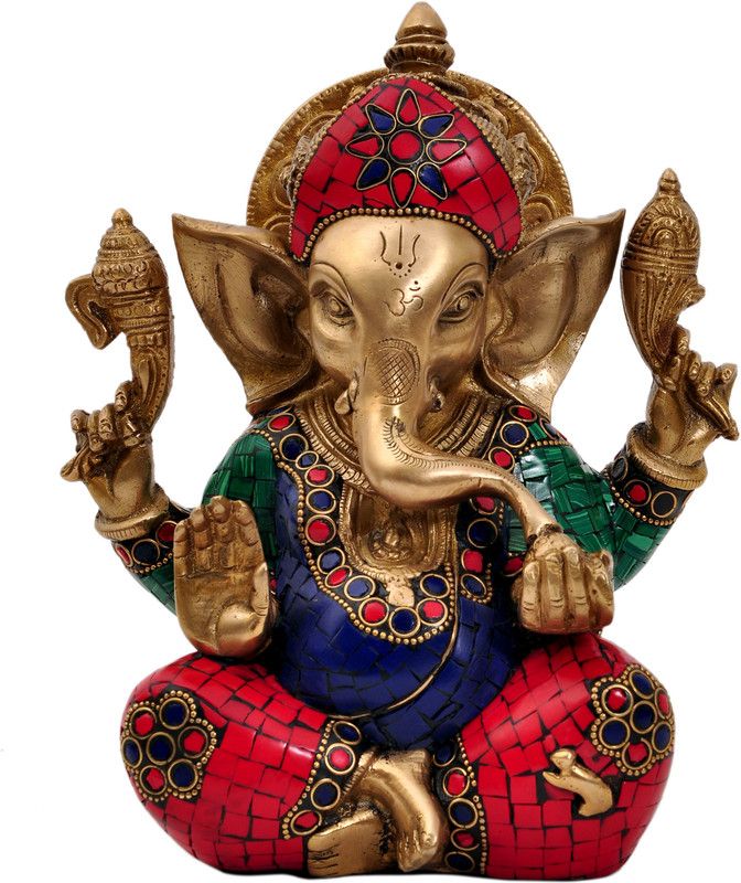 Aesthetic Decors Ganesha Carved W Big Years in Stone Work Decorative Showpiece - 18 cm  (Brass, Multicolor)