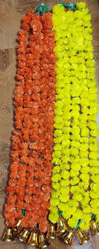 dannyboyzs Artificial Yellow and Orange Marigold Flowers Fluffy Flower Hanging Garland Genda Phoo Yellow, Orange Marigold Artificial Flower  (60 inch, Pack of 10, Garlands)