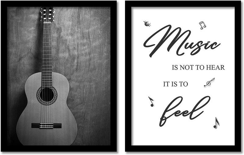 Rainbow Arts Music Theme Wall Painting With Glass Frame For Home And Studio Wall Decoration | Guitar Wall Poster With Glass Frame | Bedroom Living Room Wall Poster - set of 2 Digital Reprint 14 inch x 11 inch Painting  (With Frame, Pack of 2)