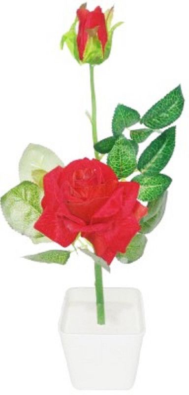 Ahana Creations Red Rose Artificial Flower with Pot  (12 inch, Pack of 1, Flower Bunch)