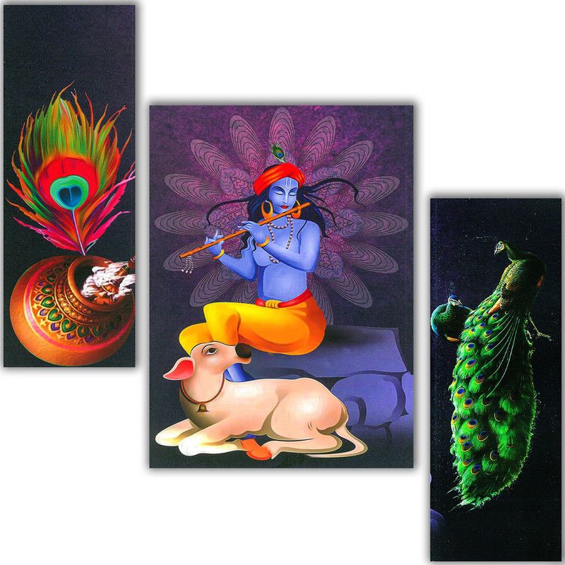 WALLMAX Set OF 3 Radha Krishna UV Textured Wall Painting Digital Reprint 12 inch x 18 inch Painting  (Without Frame, Pack of 3)