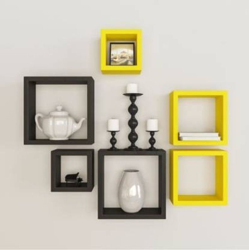 ANB Enterprises Wall shelf square shelves MDF Wall hanging , floating , mounted , decorative ,home , For ;- living room and bedroom & office MDF (Medium Density Fiber) Wall Shelf  (Number of Shelves - 6, Yellow, Black)