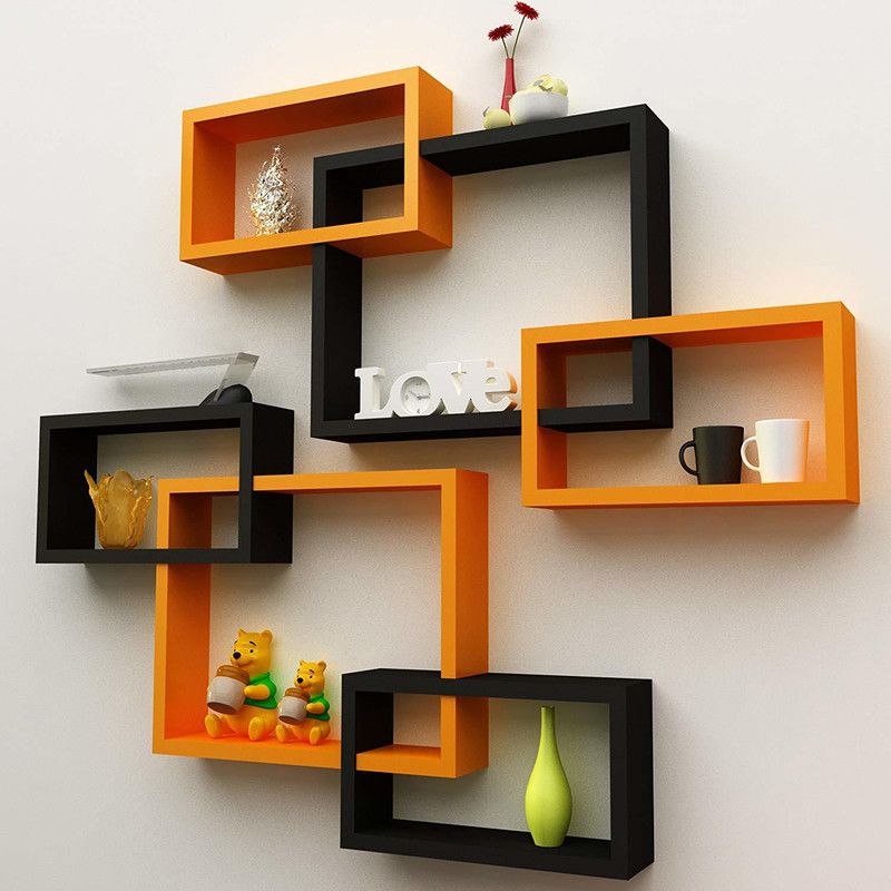 Home Collection Intersecting Wooden Wall Shelves Set of 6 - Orange & Black MDF (Medium Density Fiber) Wall Shelf  (Number of Shelves - 6, Orange, Black)