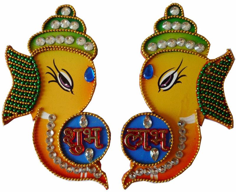 Sanskritihandicraft Sanskritihandicraft Decorative Wooden Sun Flower Shaped Shubh Labh(7x7 Inch) Multi-Color Decorative Showpiece - 15 cm  (Wood, Yellow, Blue)