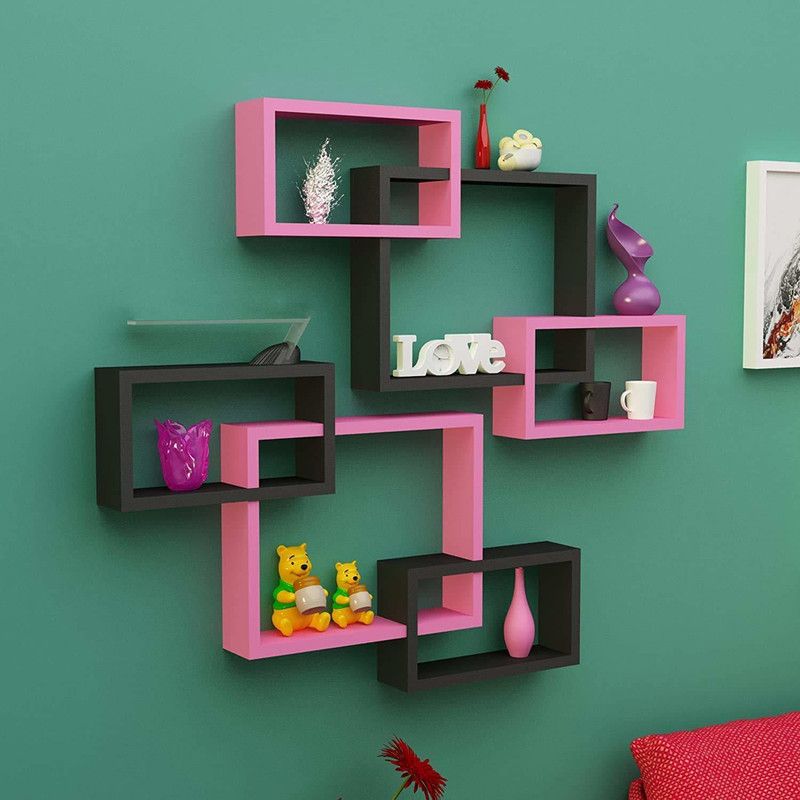 rizqarts Compact Rectangular Intersecting Wall Mounted Shelf Set of 6 (Black &Pink ) Wooden Wall Shelf  (Number of Shelves - 6, Black, Pink)