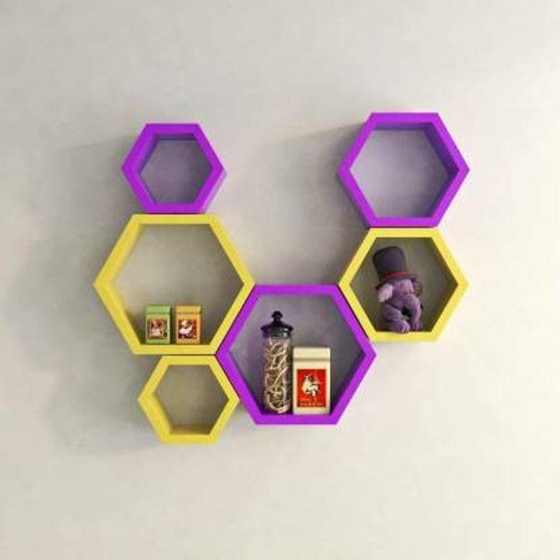 ANB Enterprises wall shelf Hexagon Shape Mounted Set Of 6 Rack Shelves/Shelf High Quality Wooden Home Decor Wall Shelf Wooden Wall Shelf MDF (Medium Density Fiber) Wall Shelf  (Number of Shelves - 6, Yellow, Purple)