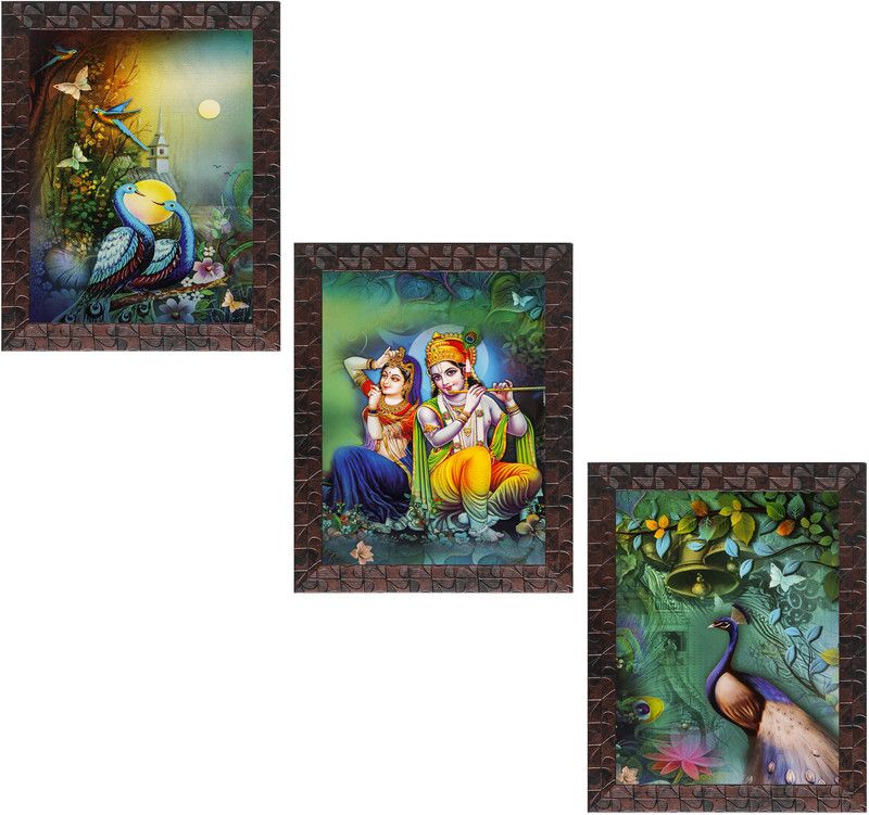 Indianara Set of 3 Radha Krishna with Peacocks Art Painting (3927GBNN) without glass Digital Reprint 13 inch x 10.2 inch Painting  (With Frame, Pack of 3)